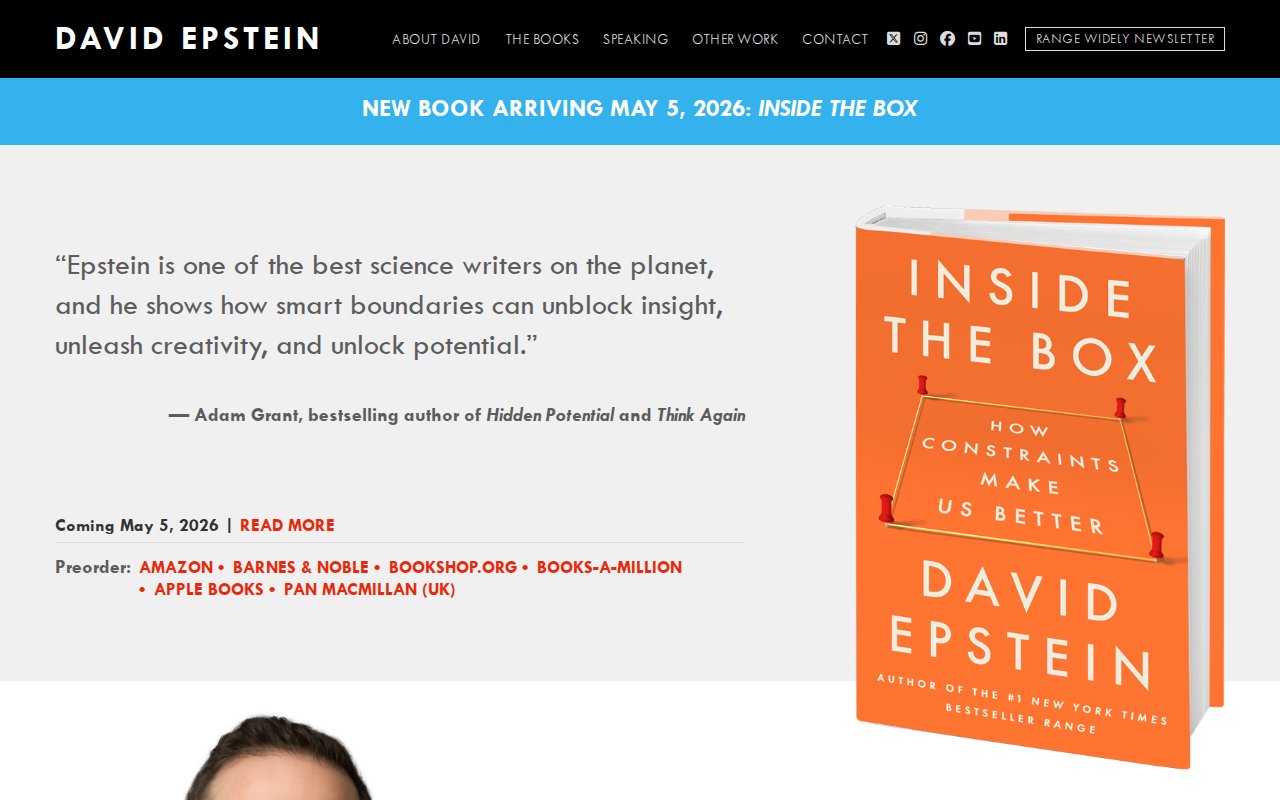 David Epstein homepage with Range book and new book announcement