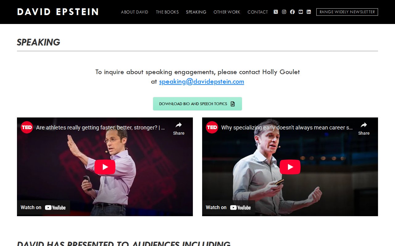 David Epstein speaking page with testimonials from BCG, EA, and World 50