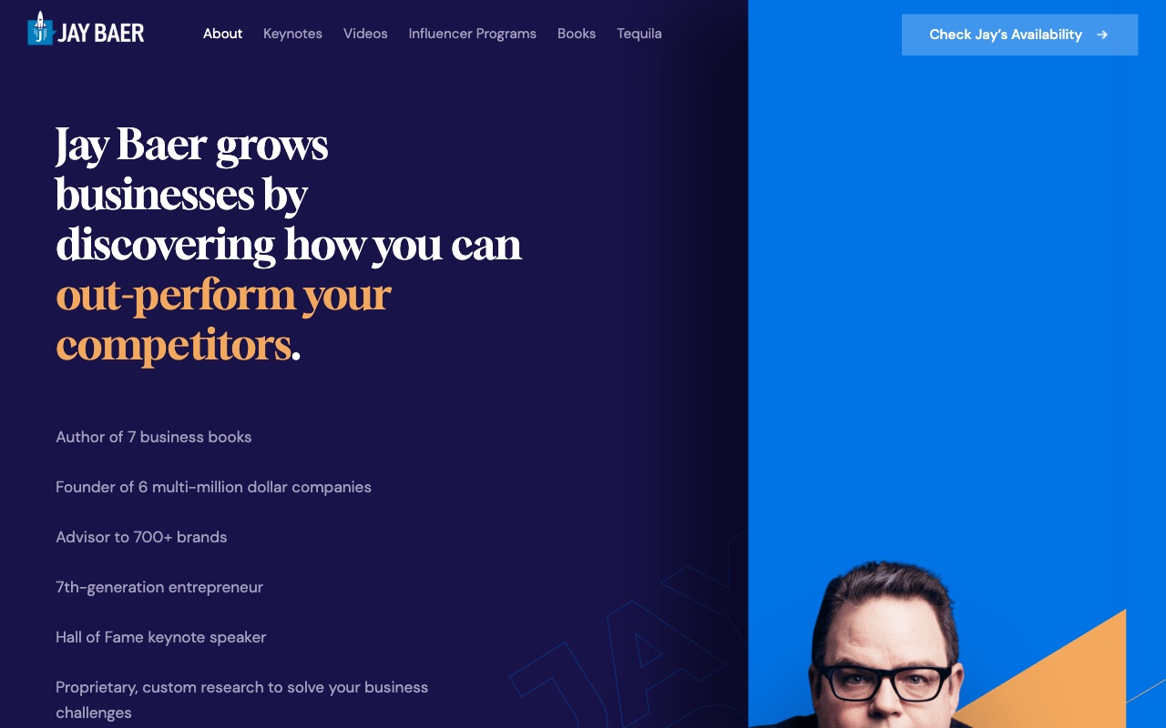 Jay Baer about page detailing 7th-generation entrepreneur credentials