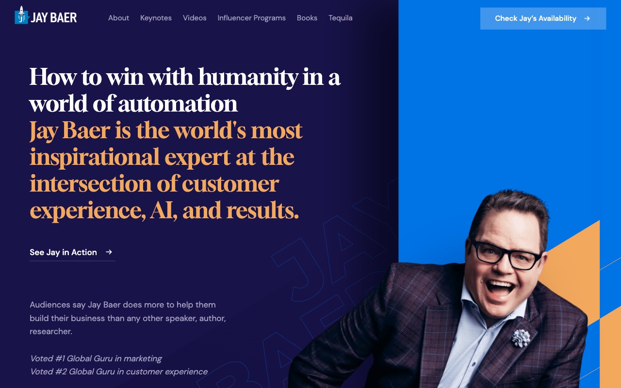 Jay Baer homepage with 'How to win with humanity' headline and CTA