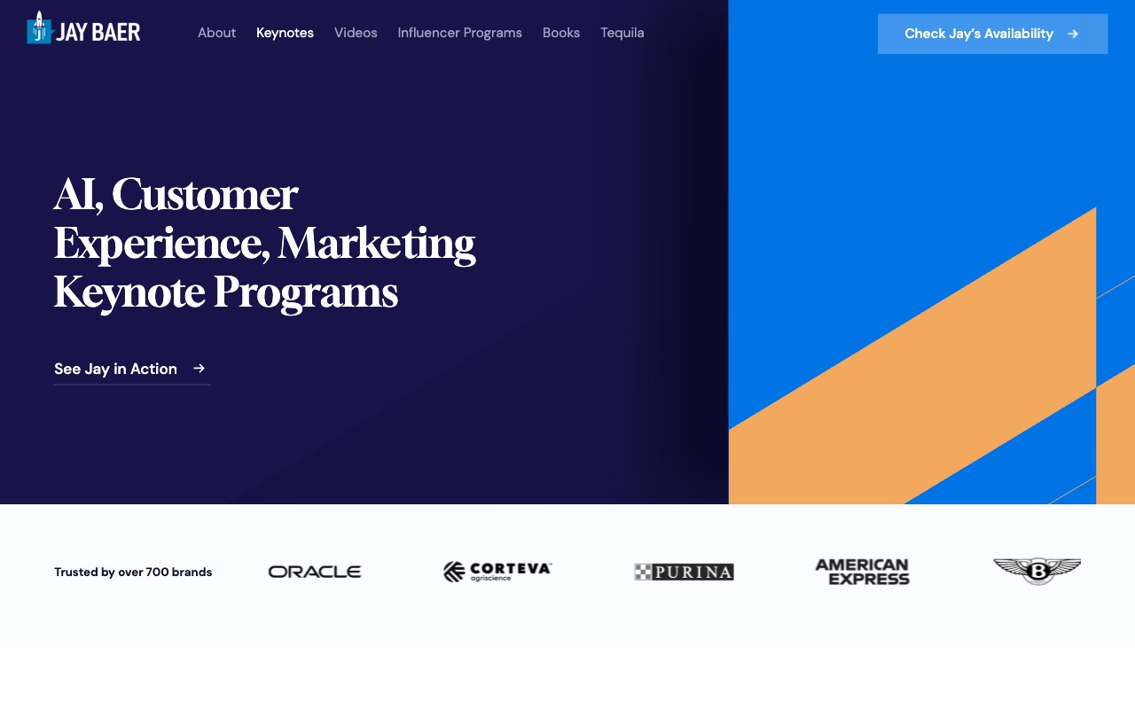 Jay Baer keynotes page with phone number and availability checker