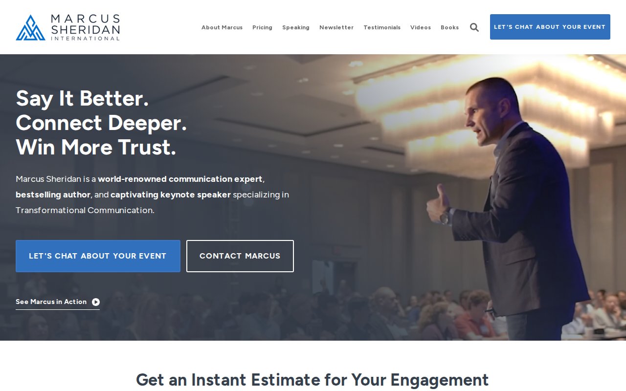 Marcus Sheridan homepage with transparent pricing CTA