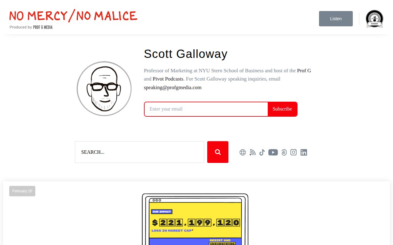 Scott Galloway homepage with weekly essay and newsletter subscription