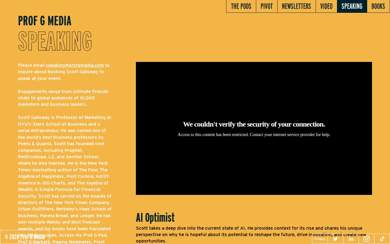 Scott Galloway speaking page at ProfGMedia.com with keynote topics