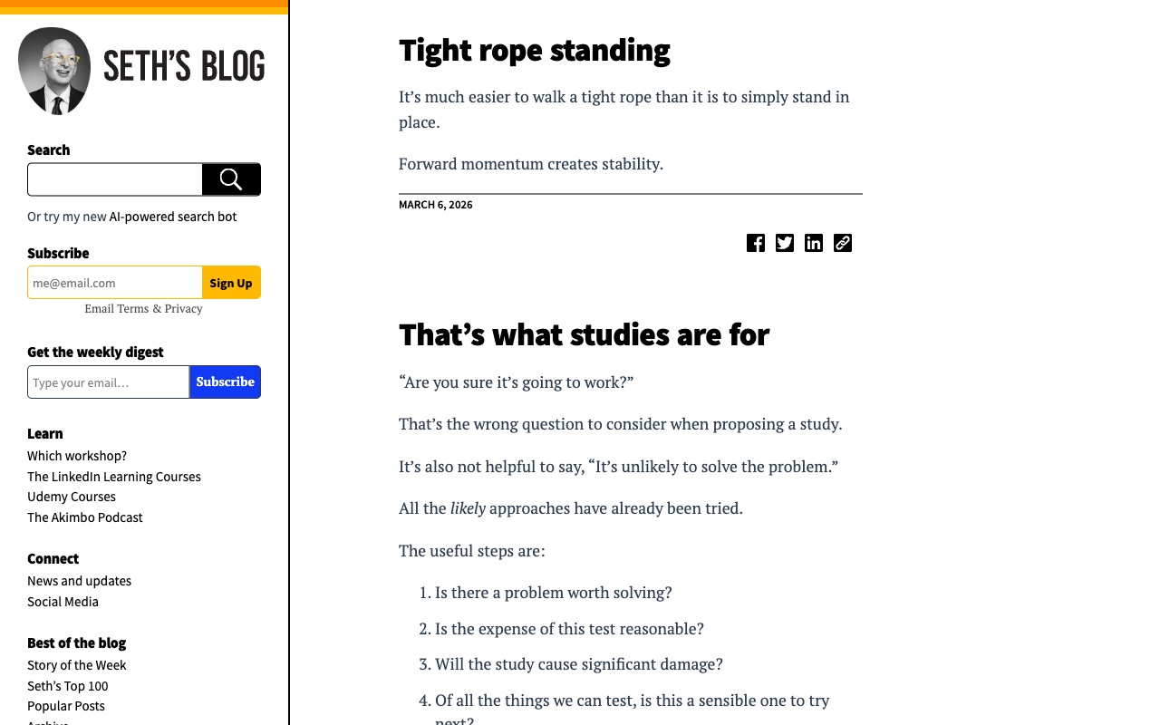 Seth Godin homepage with minimal blog post and sidebar navigation