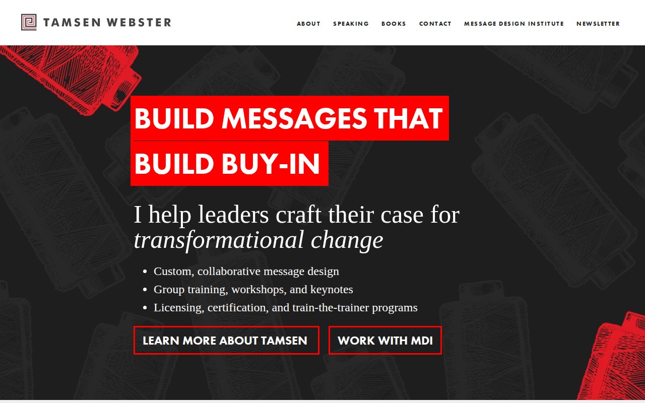 Tamsen Webster homepage with message design positioning
