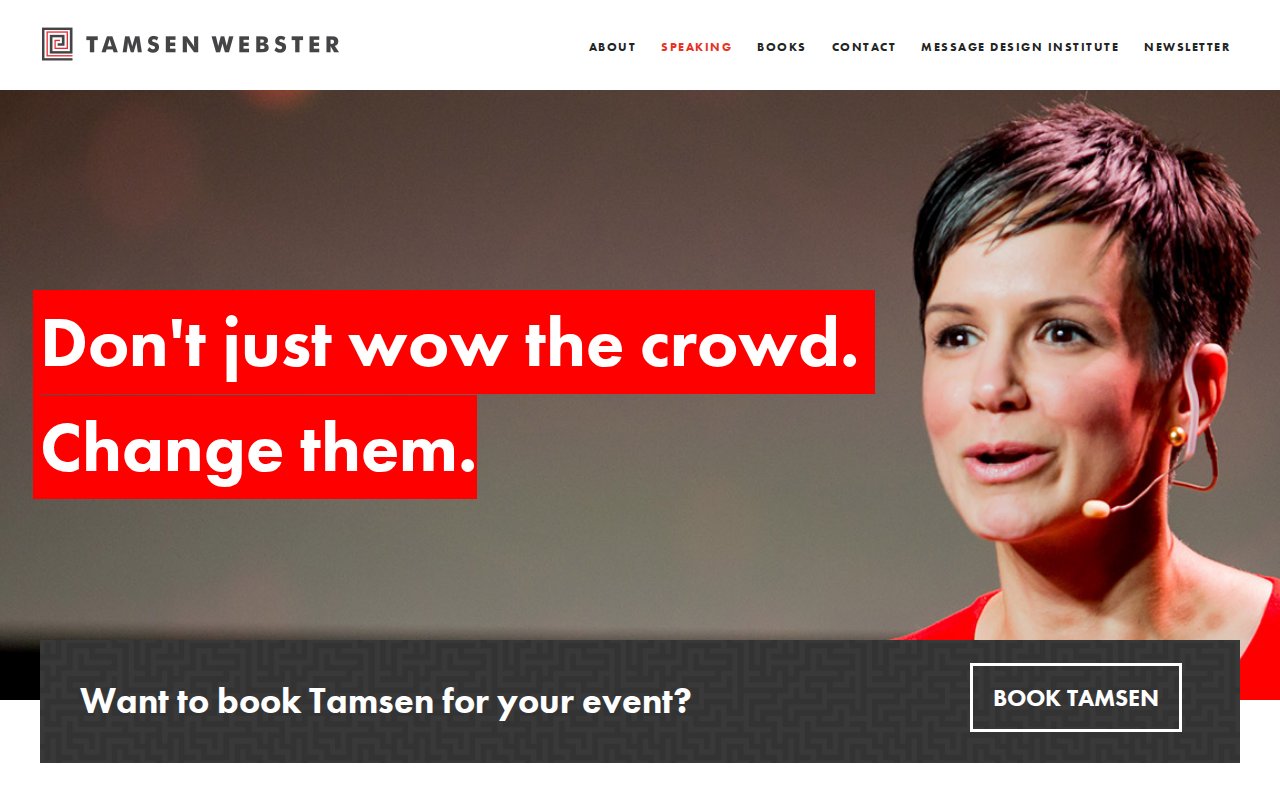Tamsen Webster speaking page with keynote topics and Book Tamsen CTA