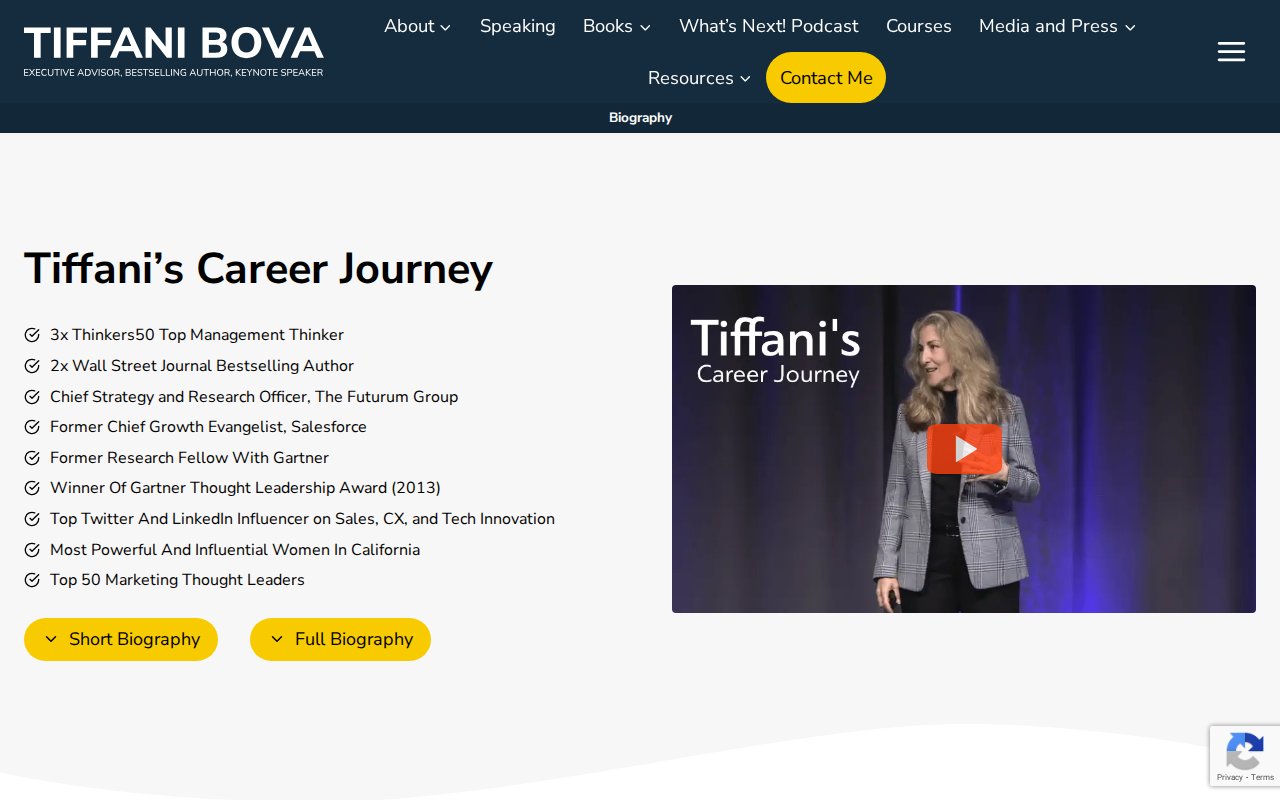 Tiffani Bova about page with Salesforce and Thinkers50 credentials