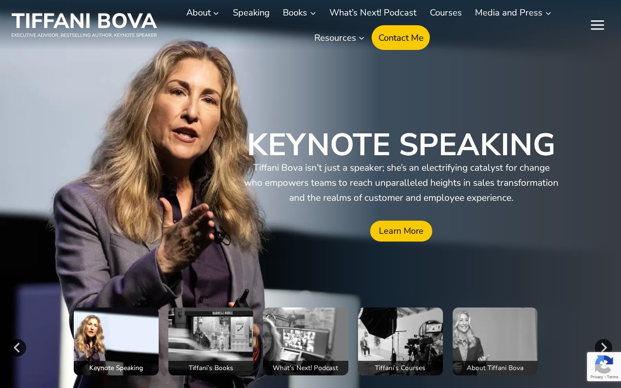 Tiffani Bova homepage with speaking, books, podcast, and courses sections