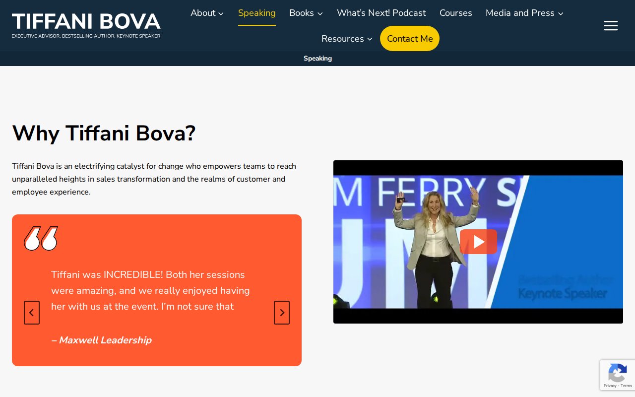 Tiffani Bova speaking page with testimonials from Xerox and Rotman