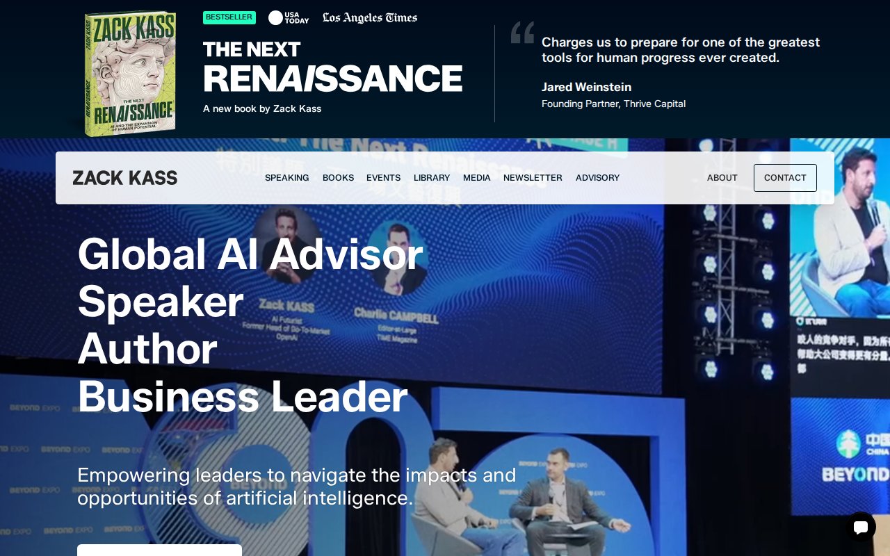 Zack Kass homepage with AI advisor positioning and bestselling book