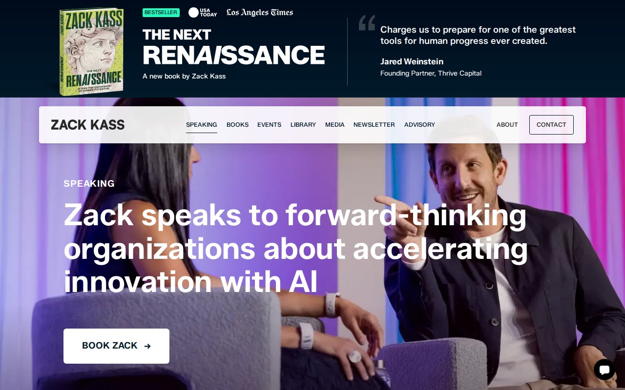 Zack Kass speaking page with three keynote topics and Book Zack CTA