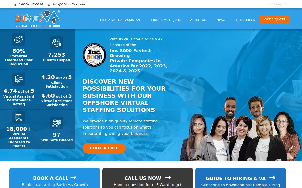 20four7VA services page with virtual assistant service categories