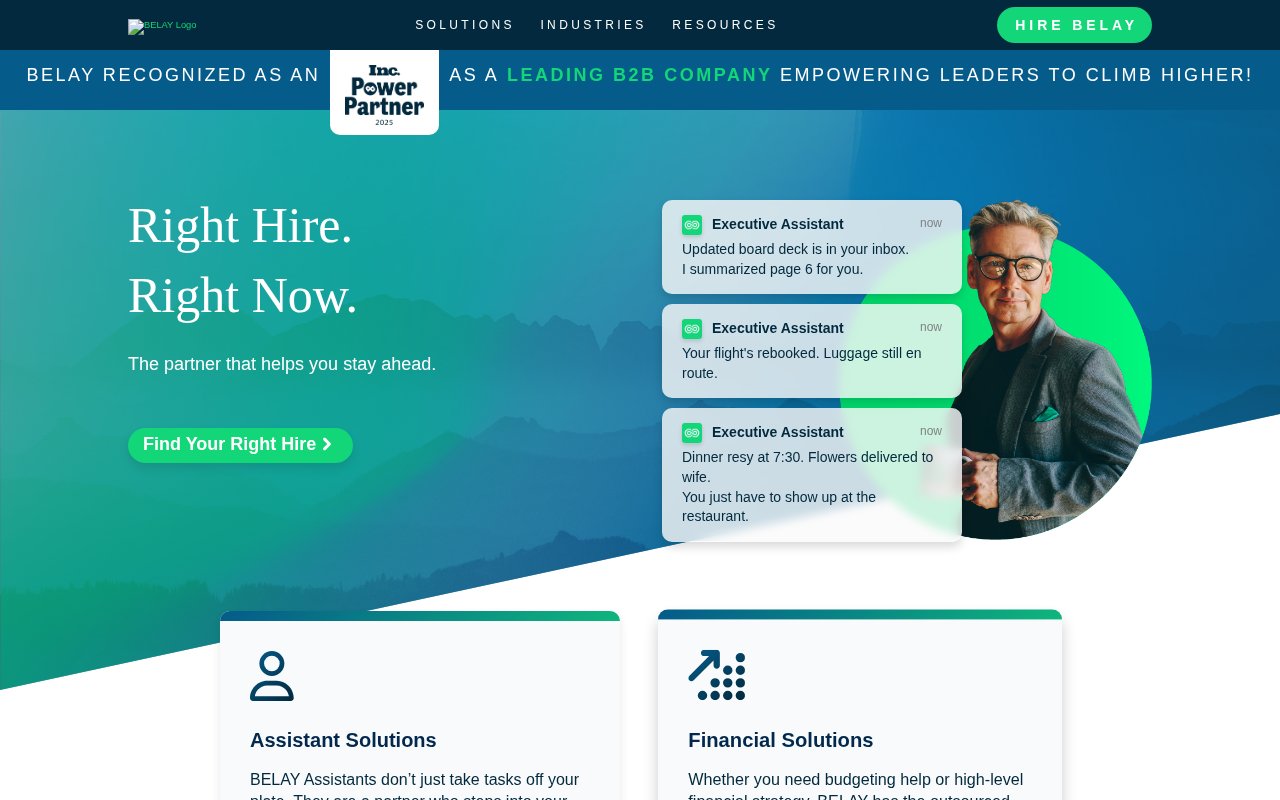 Belay homepage with Right Hire Right Now headline, executive assistant notification mockup, and Inc Power Partner badge