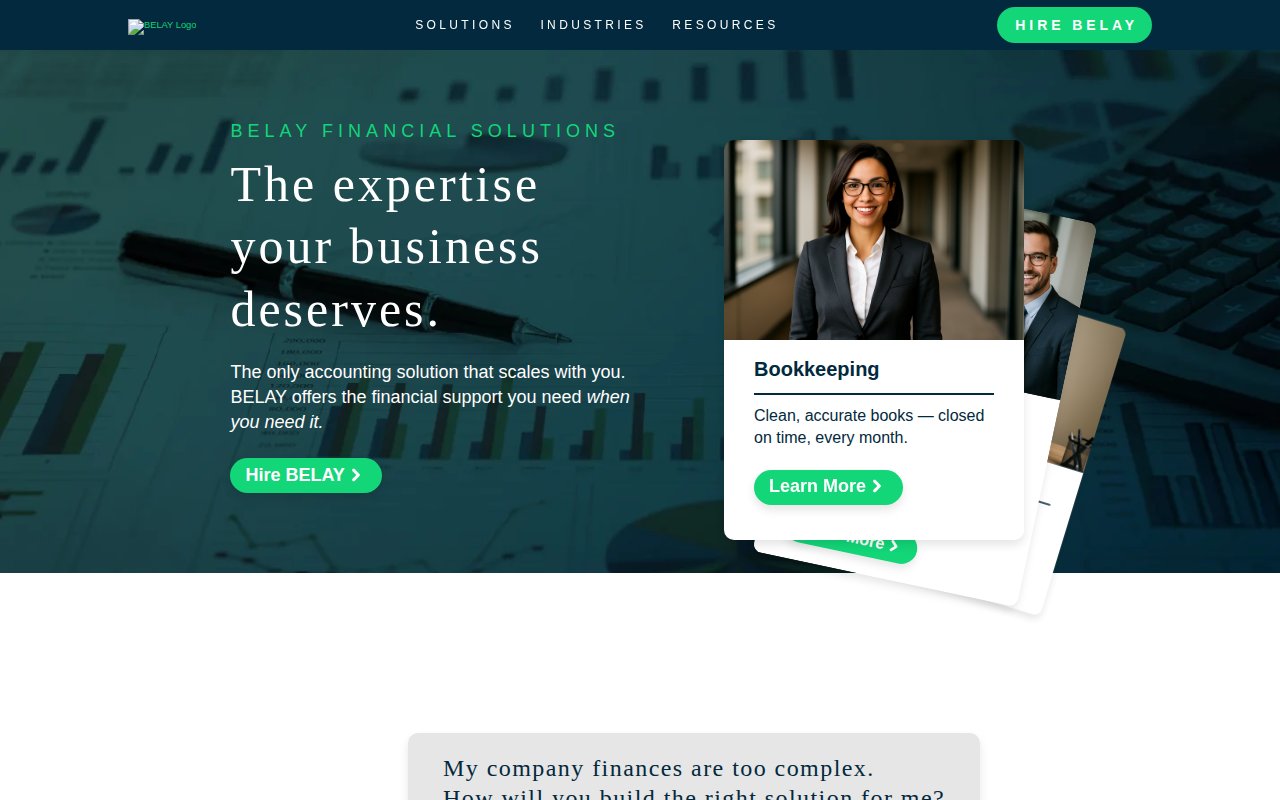 Belay financial solutions page with service customization options