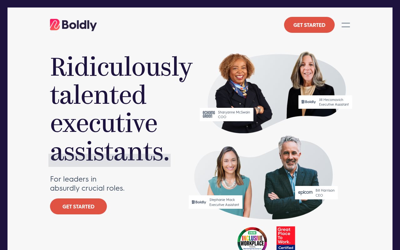 Boldly homepage featuring real executive assistant and client photo pairings with Get Started CTA