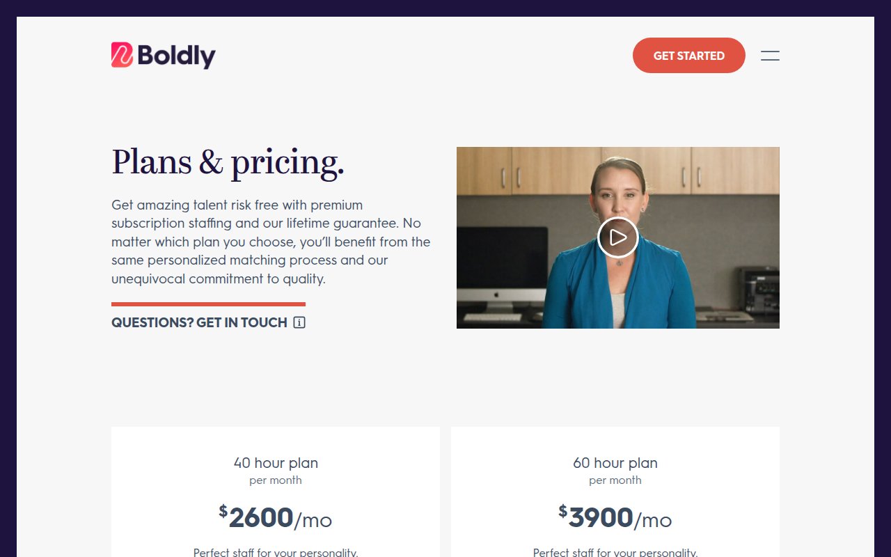 Boldly pricing page with subscription staffing plans