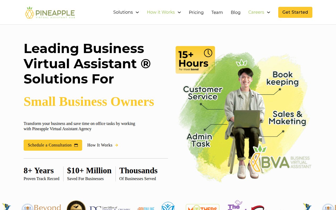 Pineapple homepage with specialized VA categories for legal, real estate, and multimedia professionals