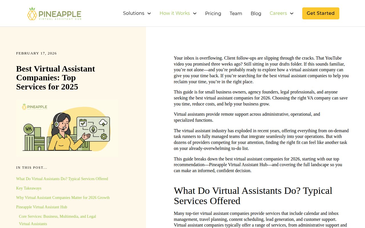 Pineapple services page with virtual assistant comparison and guide