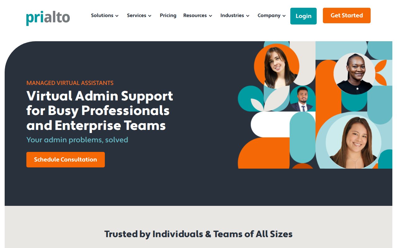 Prialto homepage with colorful team photo collage and Schedule Consultation CTA