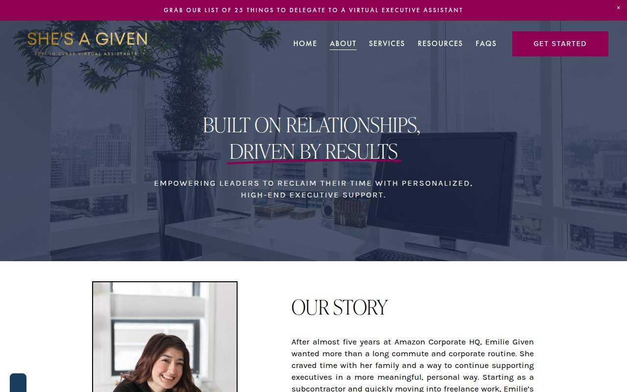 She's A Given about page featuring founder Emilie Given's story and team photos
