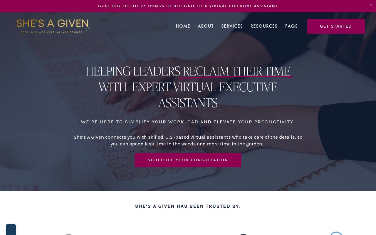 She's A Given homepage with elegant gold and magenta branding and Schedule Your Consultation CTA