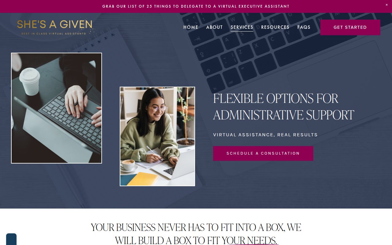 She's A Given services page with flexible administrative support options