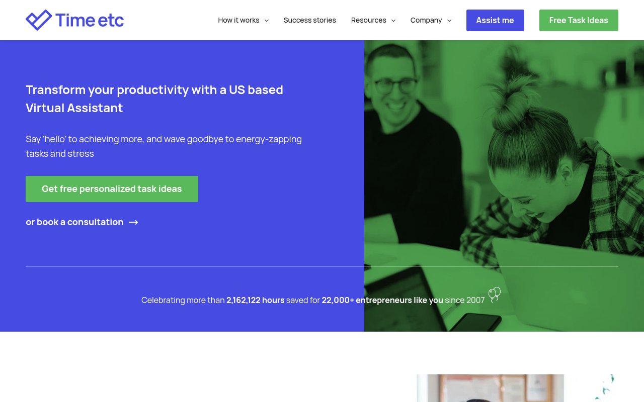 Time Etc homepage with split-screen hero, task ideas CTA, and 2 million hours saved counter