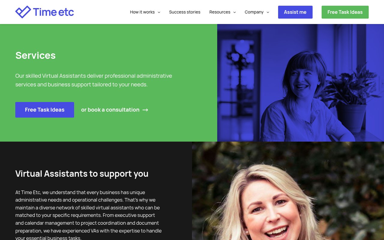 Time Etc services page listing virtual assistant support categories