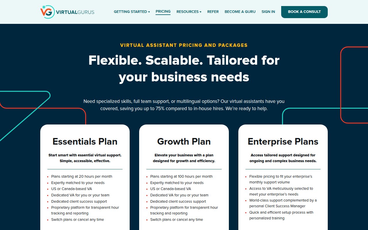 Virtual Gurus pricing page with flexible and scalable plans