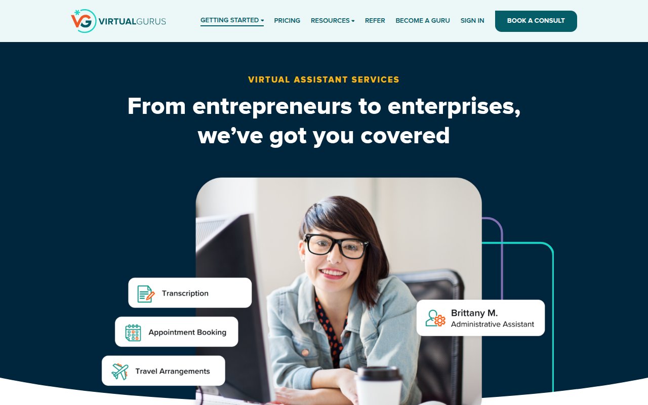 Virtual Gurus services page with scalable support options