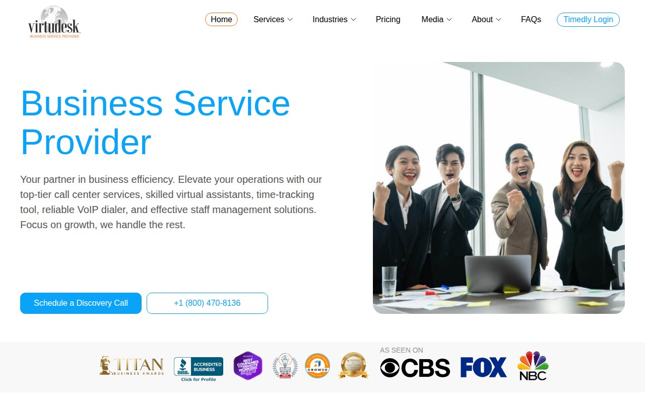 Virtudesk homepage with Business Service Provider headline, dual CTAs, and As Seen On media logos