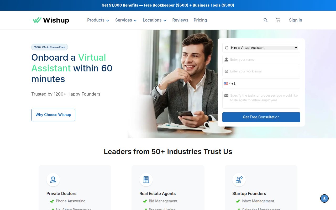 Wishup homepage with embedded lead capture form and Onboard a Virtual Assistant in 60 minutes headline