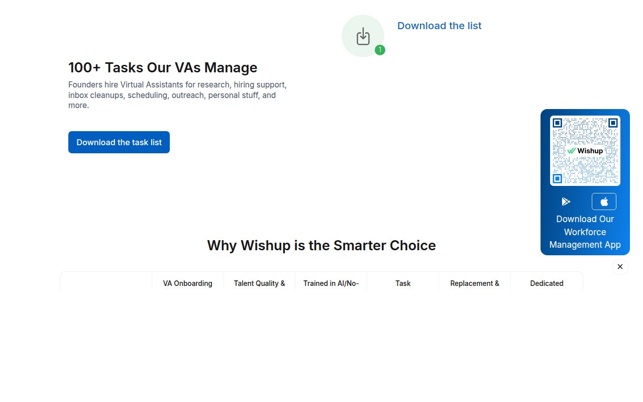 Wishup services page showing 100+ task categories managed by VAs