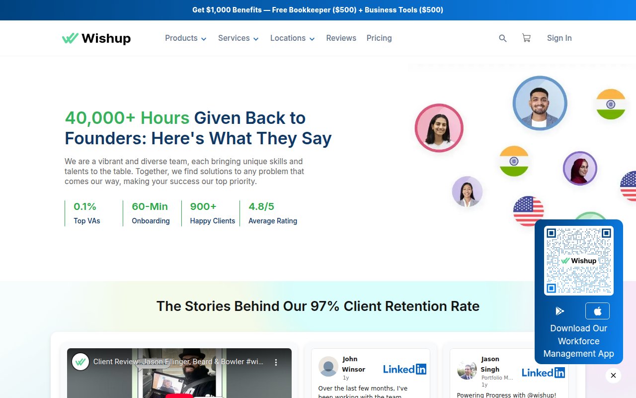 Wishup testimonials page with 40000+ hours given back to founders