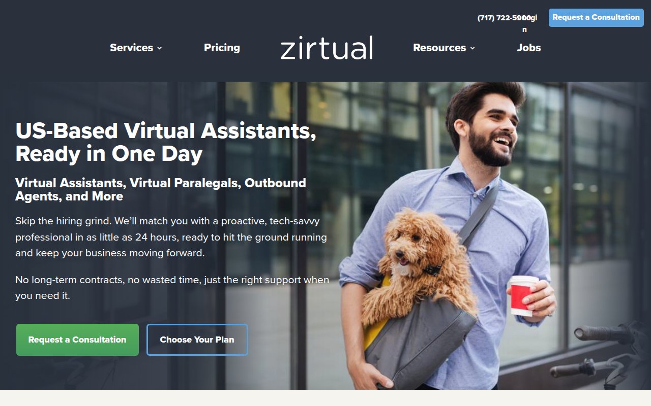Zirtual homepage with US-Based Virtual Assistants headline, phone number, and consultation CTA