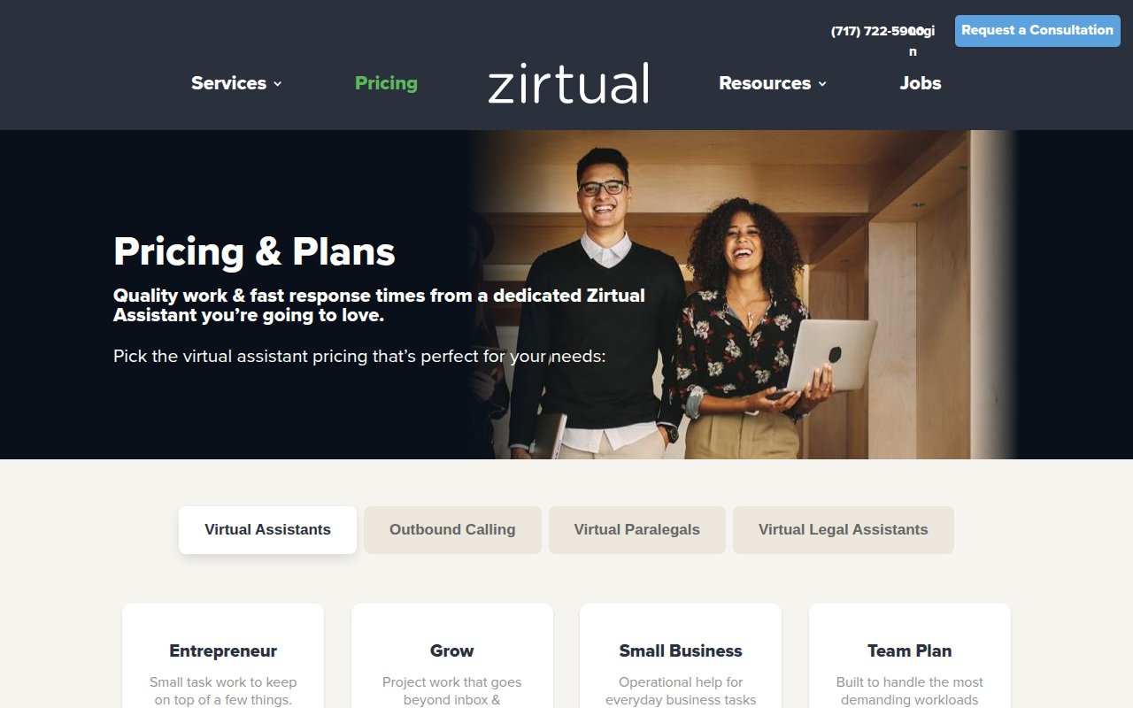 Zirtual pricing and plans page with tiered options