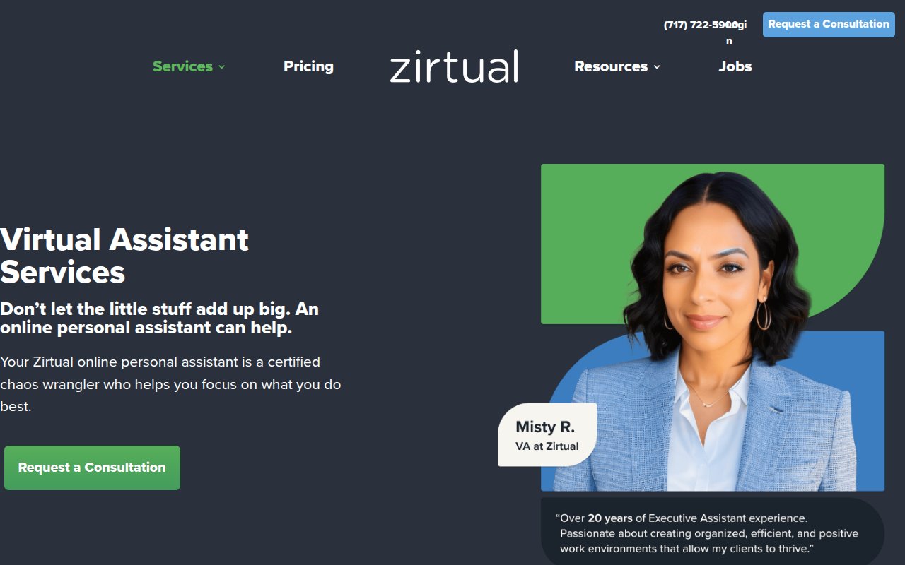 Zirtual virtual assistant services page with service categories and pricing tiers
