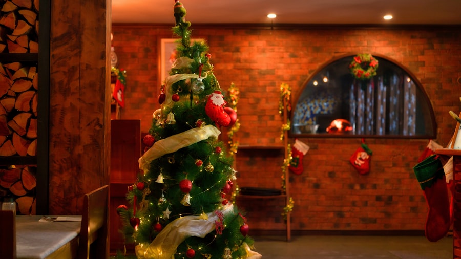 cozy brick alcove with a decorated Christmas tree and neatly stacked firewood in warm light