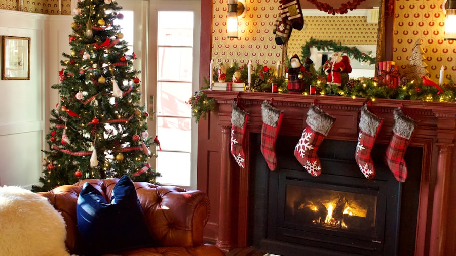 traditional living room with a decorated Christmas tree, red stockings on the mantel, and a lit fireplace