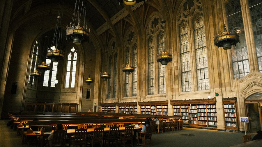 Collegiate Gothic Library — 4K office Zoom background