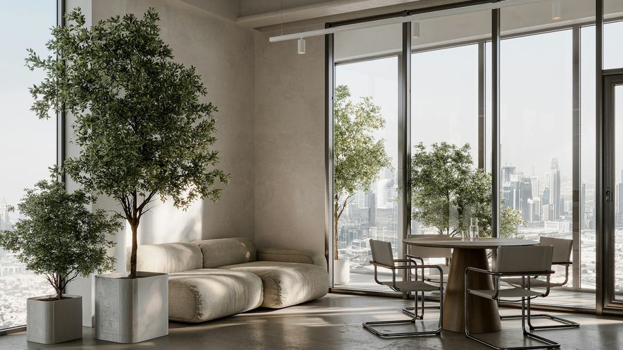 Minimal Room With Skyline — 4K office Zoom background