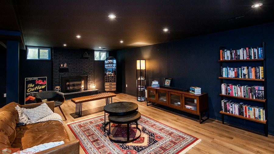 Navy Den With Fireplace — 4K office Zoom background