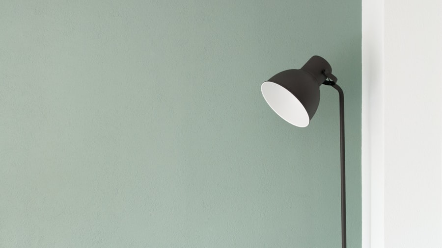muted sage green wall with a slim black task floor lamp to one side