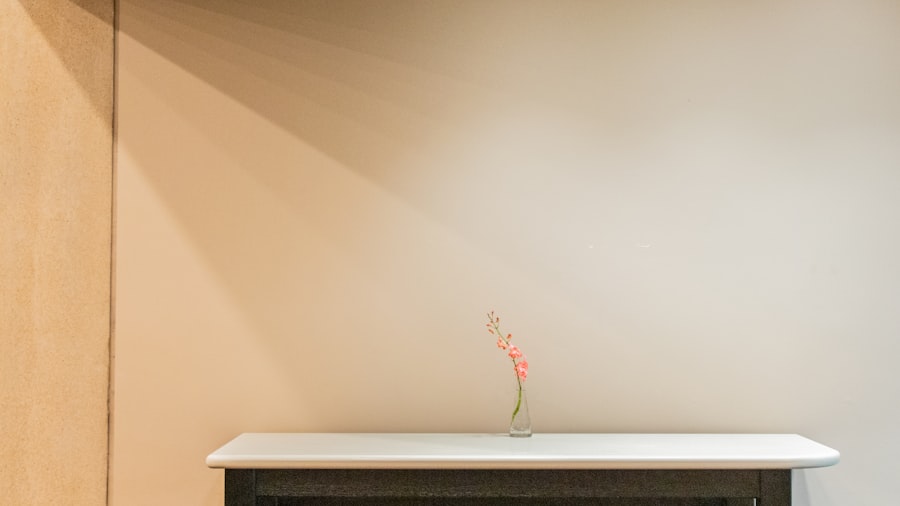 warm beige wall above a white console table holding a single stem in a slim vase